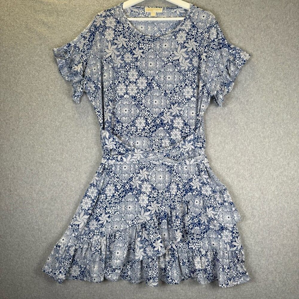 Michael Michael Kors Womens Size XL Ruffled Wrap Mini Dress Blue Floral Stretch